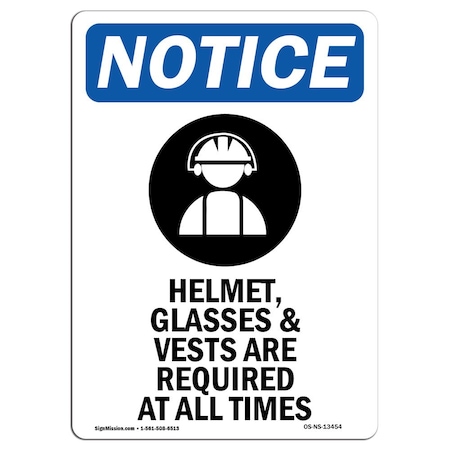 OSHA Notice Sign, Helmet Glasses & With Symbol, 10in X 7in Aluminum